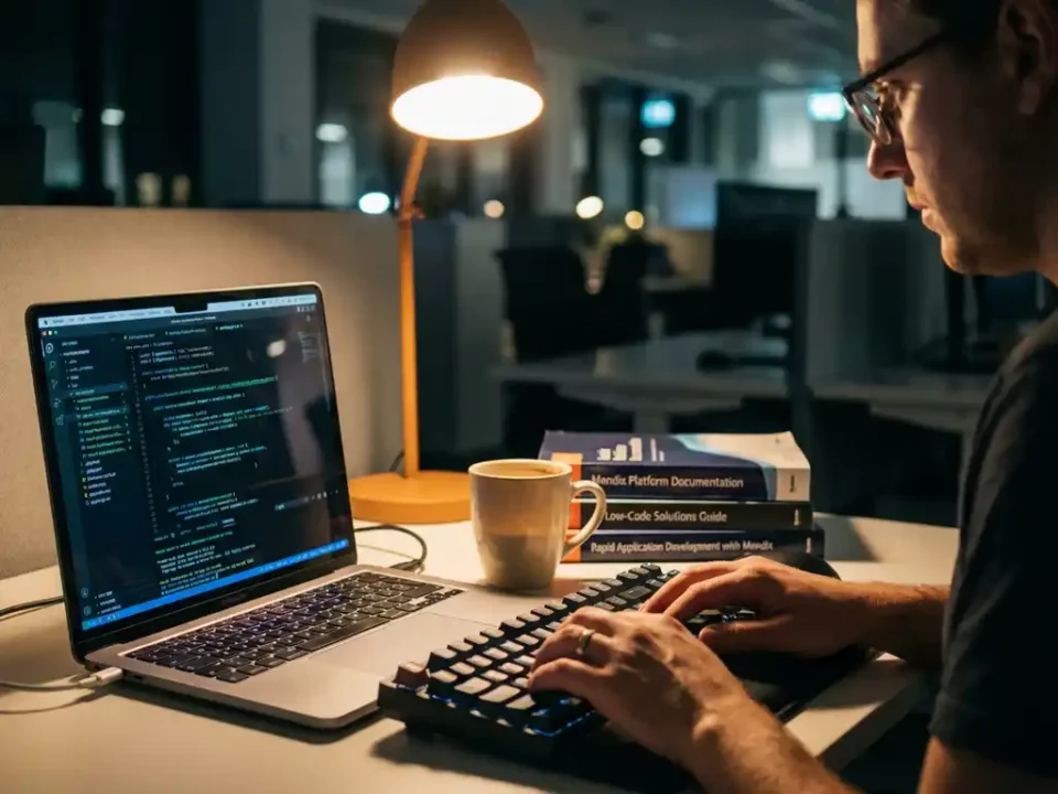 Ontwikkelaar typt code op mechanisch toetsenbord naast Mendix documentatie, koffie en een warme bureaulamp.