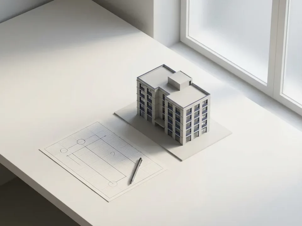 Architectuurmaquette op wit bureau naast een blauwdruk met geometrische lijnen, pen en zacht natuurlijk licht.
