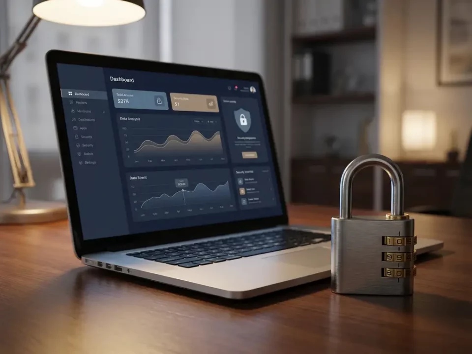 Laptop met beveiligd dashboard naast een combinatieslot op donker bureau, symboliseert gestructureerde digitale beveiliging.