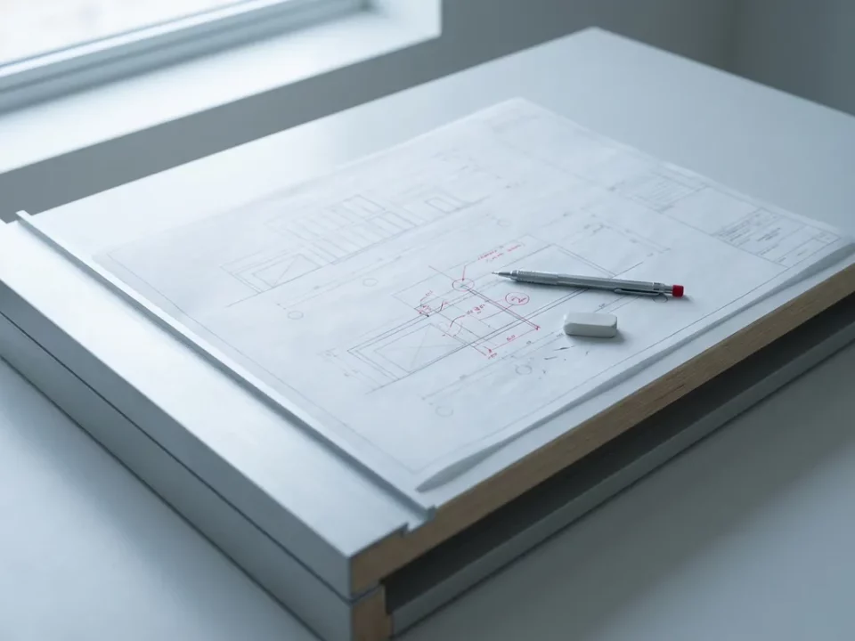 Architectuurblueprint met rode correctiemarkering en mechanisch potlood op een minimalistische tekentafel in koel natuurlijk licht.