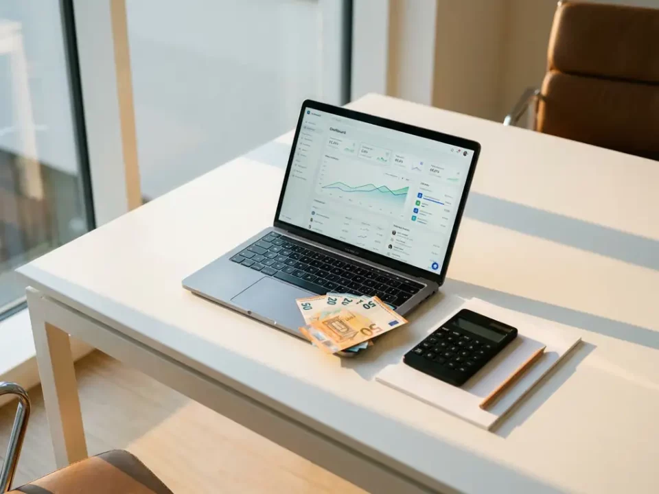 Laptop met financieel dashboard, euro's en kantoorbenodigdheden op modern bureau in warm gouden licht.