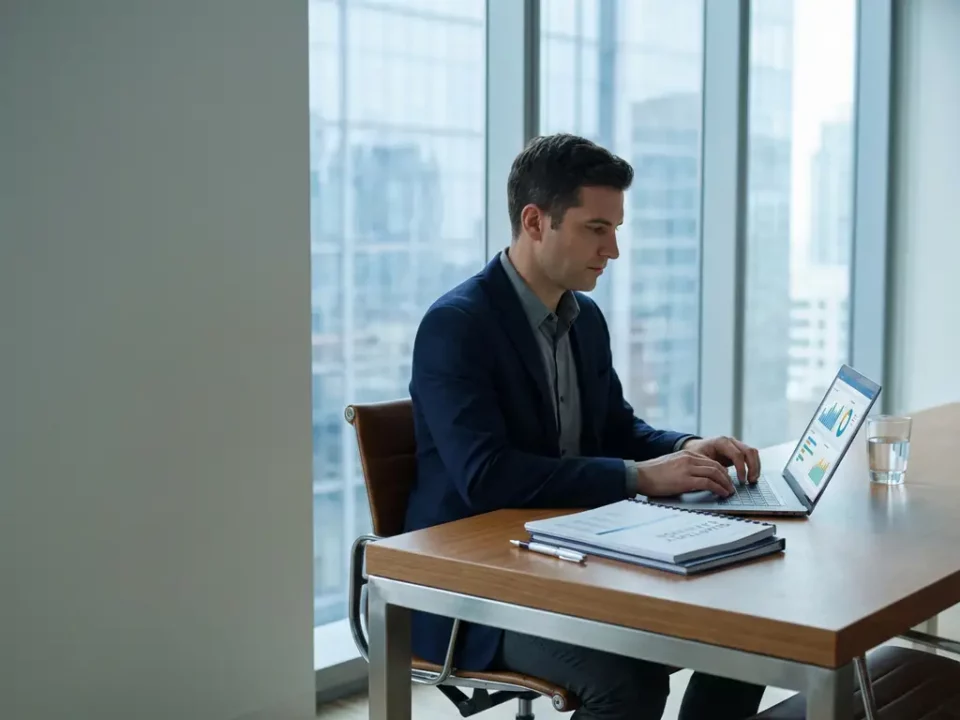 Financieel analist aan modern bureau met laptop met dashboardgrafieken, stadsgezicht op achtergrond, zakelijke omgeving.