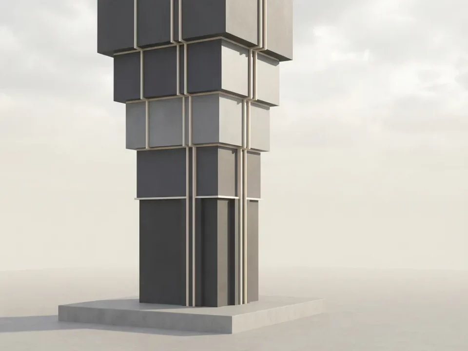 Geometrische toren van gestapelde rechthoekige blokken in platina en leisteen tinten, stijgend op minimalistische compositie.