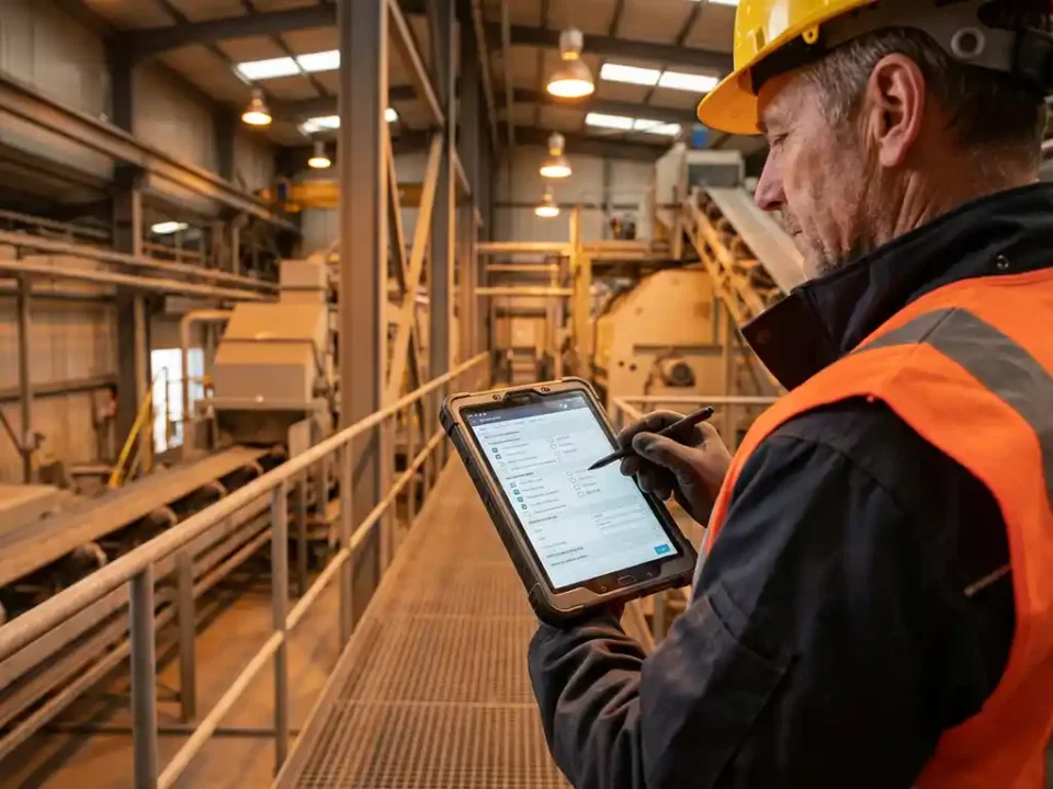Inspecteur met helm en veiligheidsvest gebruikt tablet met digitale checklist in moderne industriële faciliteit.