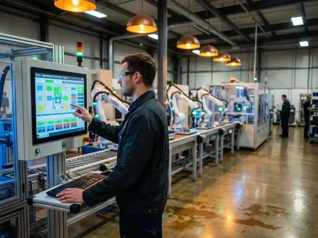 Ingenieur bedient touchscreen met productiedata naast industriële assemblagelijn met robotarmen in moderne fabriek.