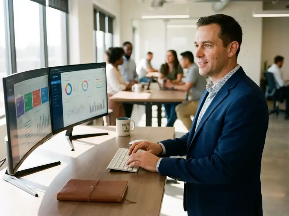 IT-professional in zakelijke kleding werkt aan een modern bureau met meerdere schermen vol datavisualisaties in een licht kantoor.