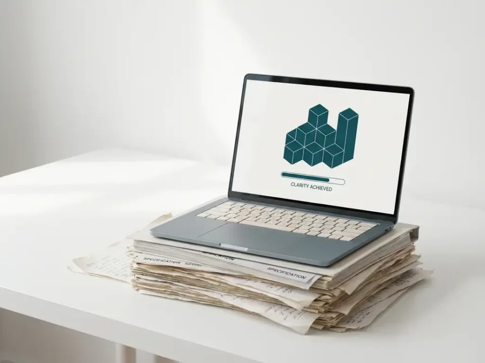 Moderne laptop op stapel verouderde papierdocumenten, scherm toont minimale interface, symboliseert digitale transformatie.