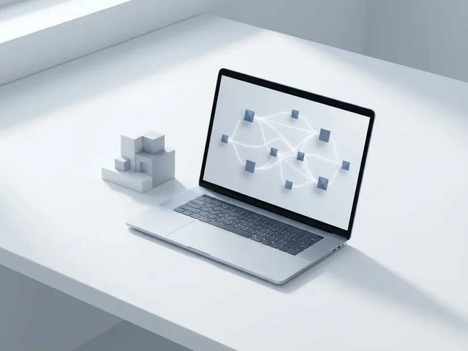 Moderne laptop op wit bureau met geometrische data-interface en klein architectuurmodel, minimalistische low-code illustratie.