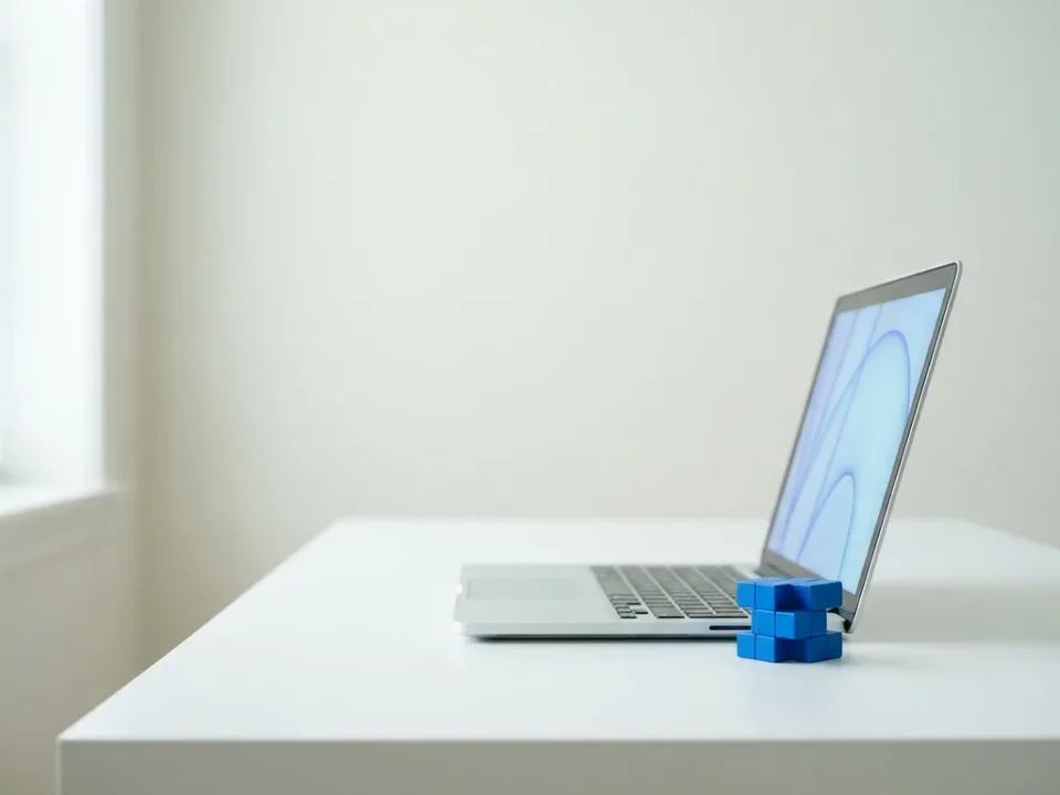 Moderne laptop op wit bureau met geometrisch bouwblok, strak minimalistische compositie in wit, grijs en elektrisch blauw.