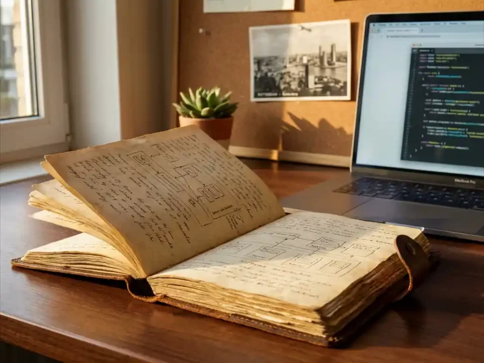 Opengeslagen leren dagboek met handgeschreven notities en architectuurschetsen op een houten bureau, verlicht door warm middagzonlicht.