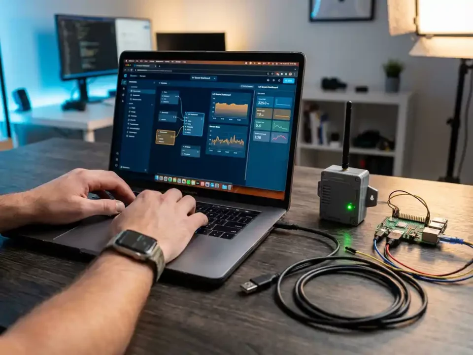 Ontwikkelaar werkt aan low-code IoT-dashboard op laptop, met Raspberry Pi en industriële sensor op donker bureau.