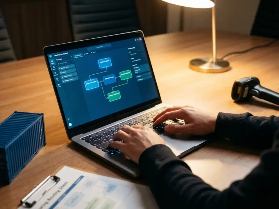 Ontwikkelaar werkt aan low-code workflowinterface op laptop, omringd door supply chain-elementen zoals een containermodel en barcodescanner.