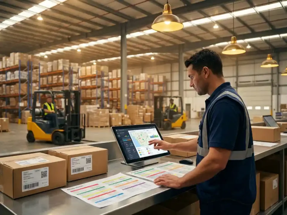 Logistiek medewerker bekijkt zendingstracking op tablet in modern magazijn met georganiseerde stellingen en vorkliften.