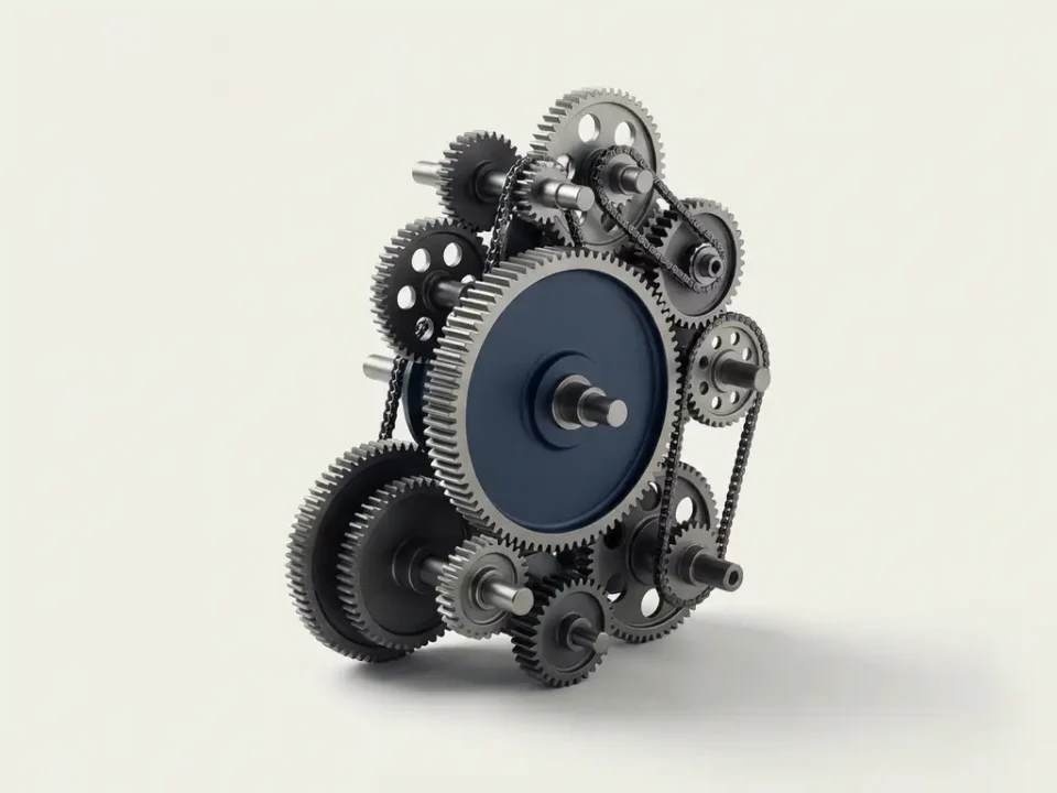 Mechanisch tandwielsysteem met stalen tandwielen in minimalistische opstelling op wit oppervlak, studioverlichting, diepblauwe accentkleur.