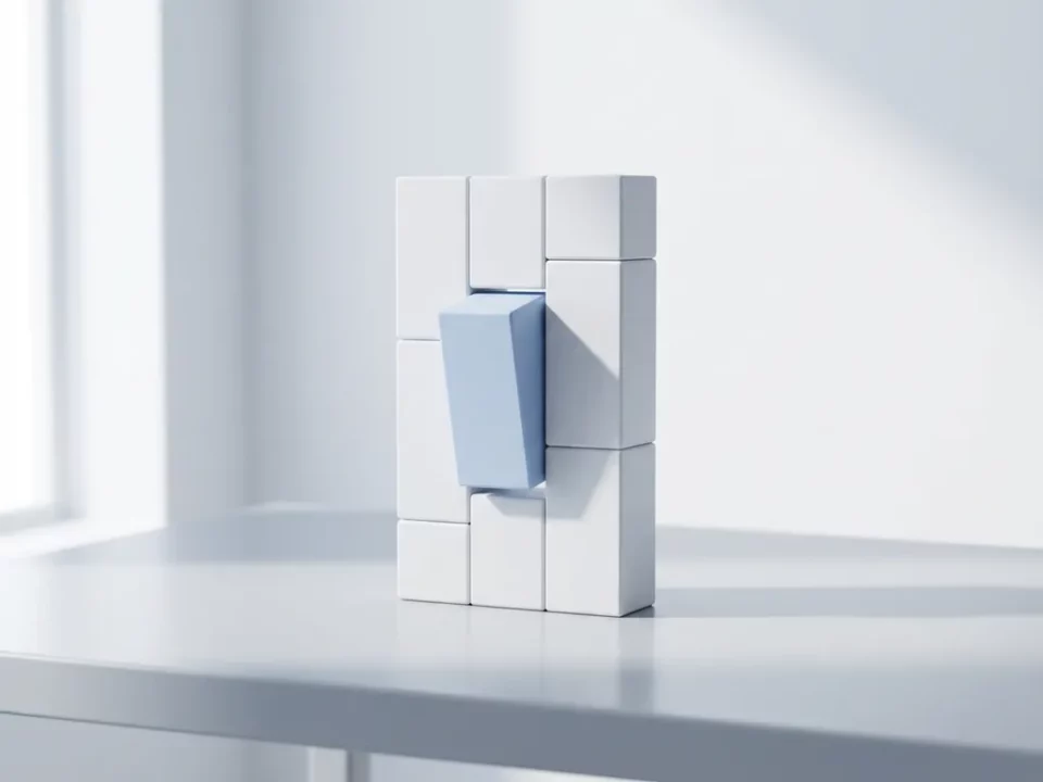 Minimalistische witte modulaire bouwblokken op een bureau, één lichtblauw blok past niet perfect in de strakke geometrische structuur.