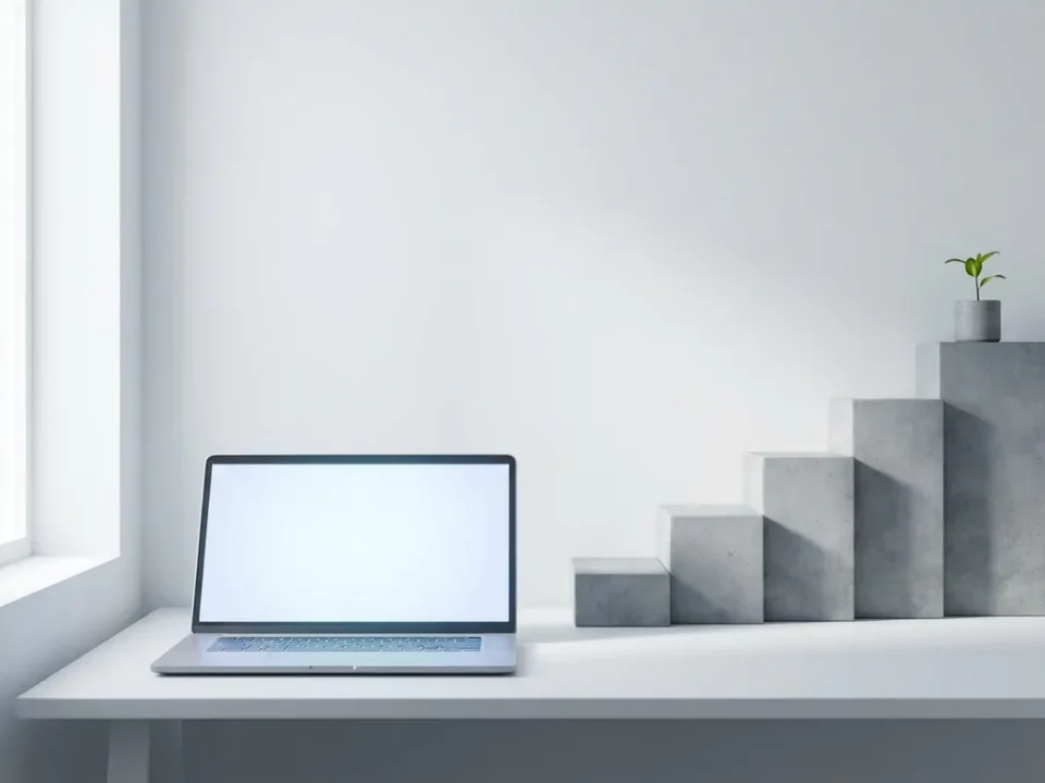 Moderne laptop op wit bureau naast geometrische blokken met groen plantje, symboliseert digitale groei en structuur.