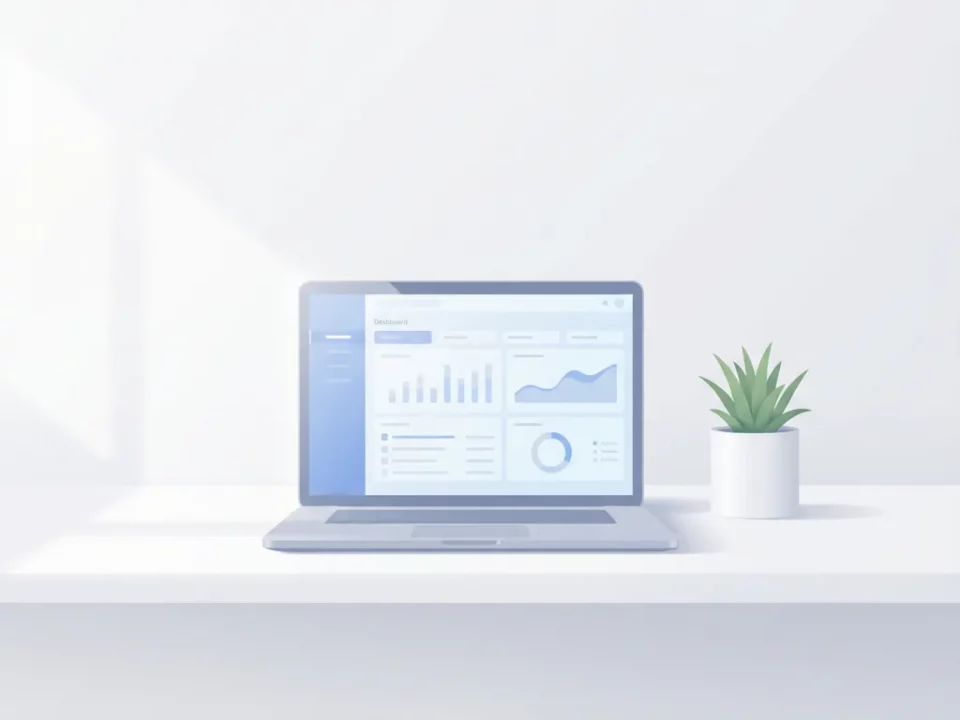 Laptop op minimalistisch wit bureau met dashboard op scherm, potplant ernaast, zachte schaduwen en luchtig blauw-grijs kleurenpalet.