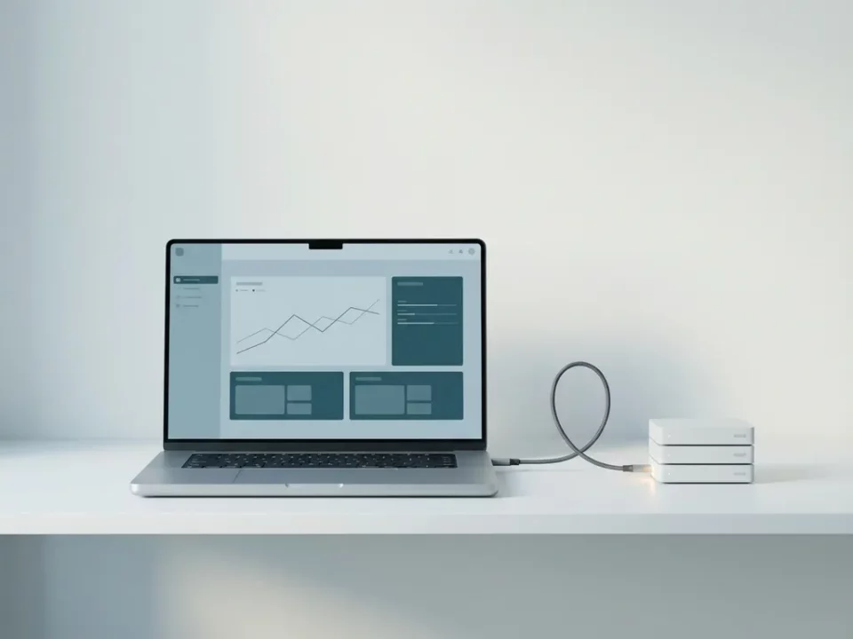 Moderne laptop op wit bureau met dashboard-interface, verbonden via kabel met servermodules in minimalistisch blauw-grijs ontwerp.