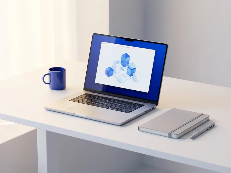 Moderne minimalistische werkplek met laptop die een geometrische interface toont, verlicht door warm zijlicht op een strak wit bureau.