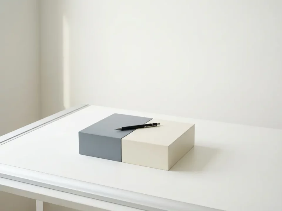 Twee minimalistische bouwblokken in leisteen en ivoor naast elkaar op een tekentafel, verbonden door een mechanisch potlood.