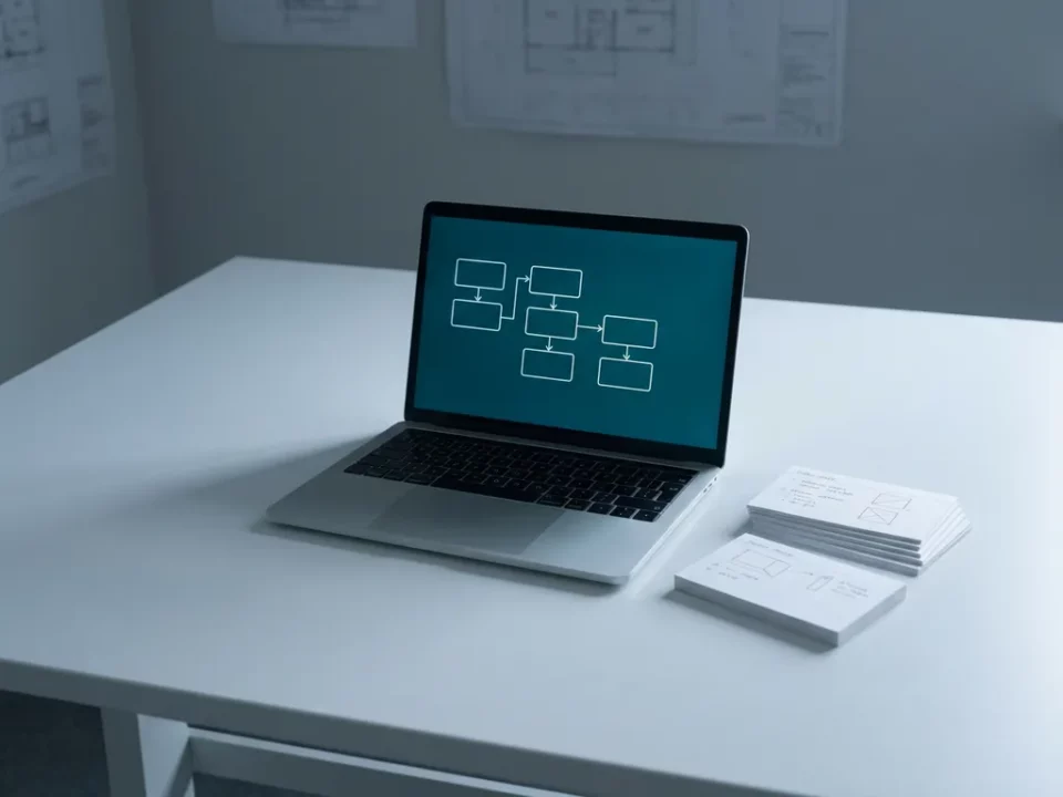 Minimalistische architectentafel met laptop waarop een stroomdiagram zichtbaar is, omringd door nette indexkaarten.