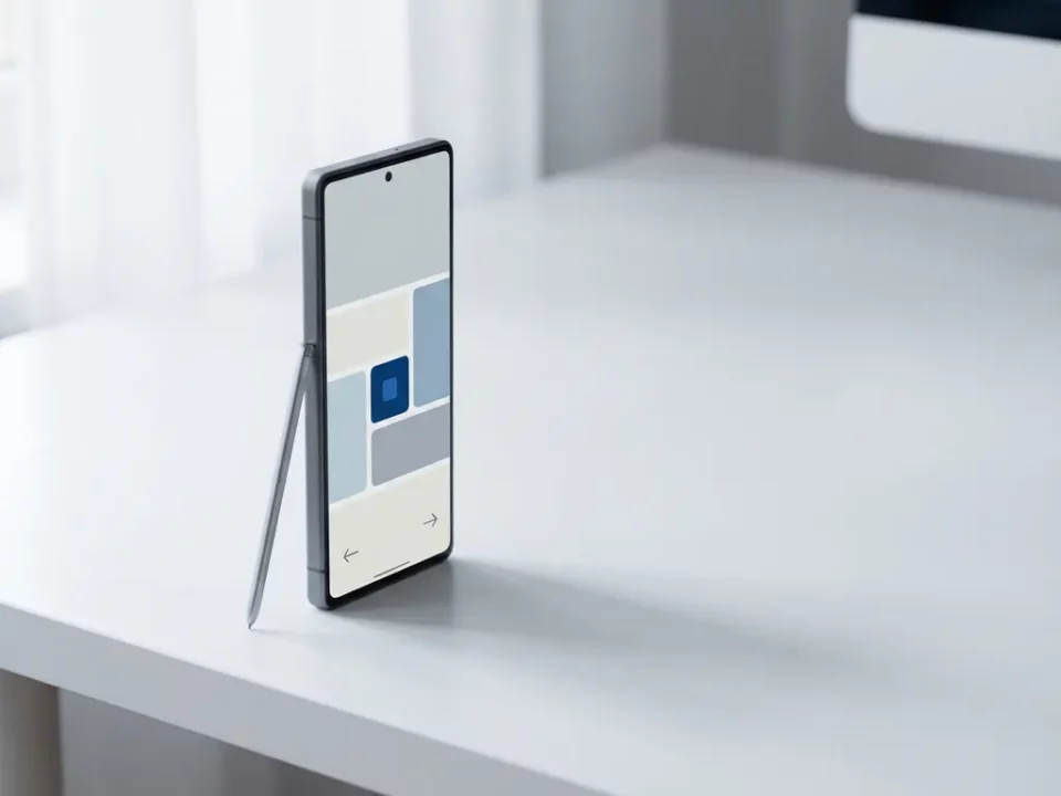 Moderne smartphone op wit bureau met geometrische app-interface, stylus en zachte blauwe accenten in minimalistische stijl.