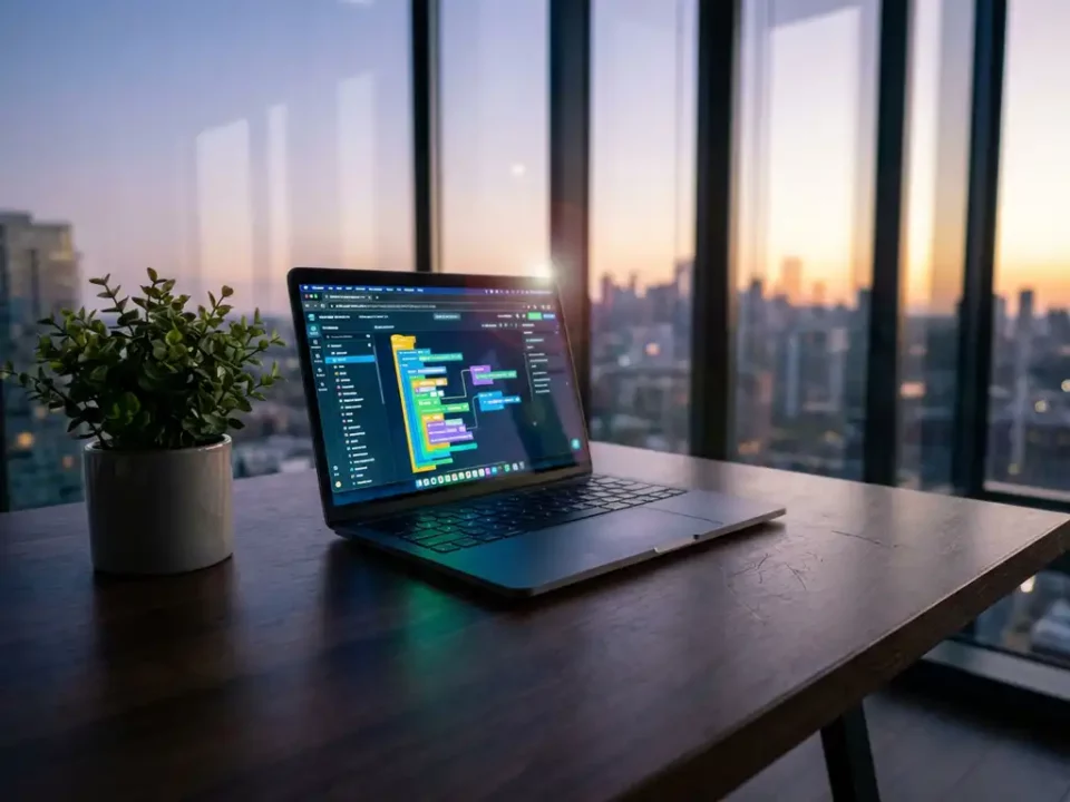 Laptop met low-code applicatie op modern bureau naast groene plant, stadsgezicht bij schemering op de achtergrond.