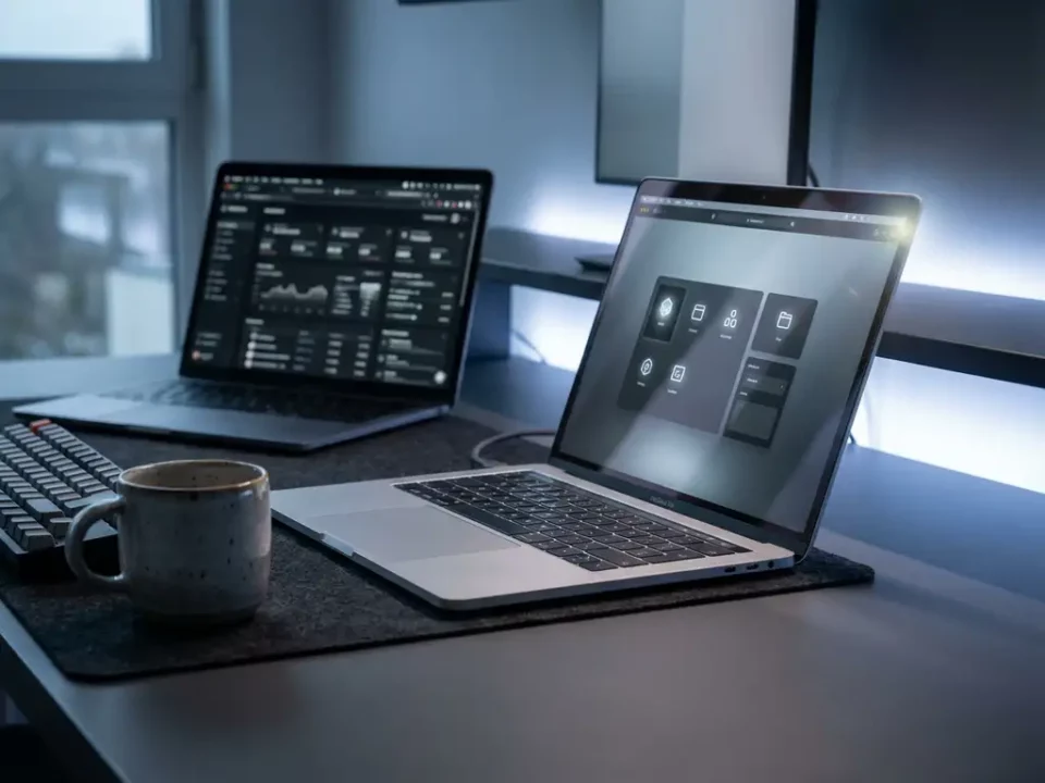 Twee laptops op een modern bureau tonen een vernieuwde UI versus een oudere interface, verlicht door blauw-wit licht bij schemering.
