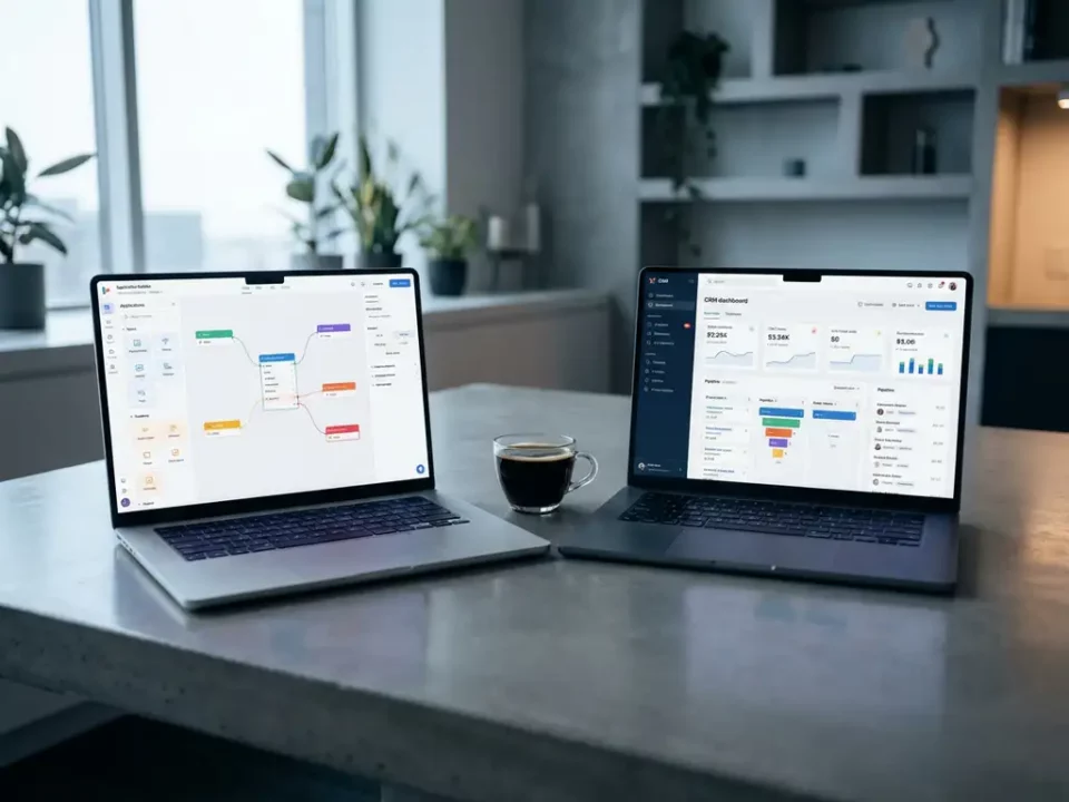 Twee laptops op een betonnen bureau: één met een app-builder, één met een CRM-dashboard, verlicht door natuurlijk raamlicht.