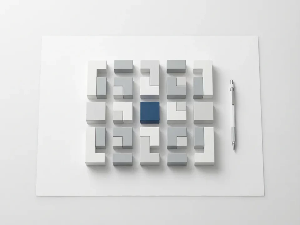 Modulaire bouwblokken in een geordend rasterpatroon op een architectentafel, met een stift en een blauw accent.