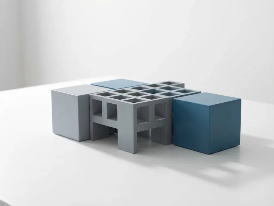 Architecturaal model van modulair platform met grijze en blauwe blokken op wit bureau, minimalistische compositie.