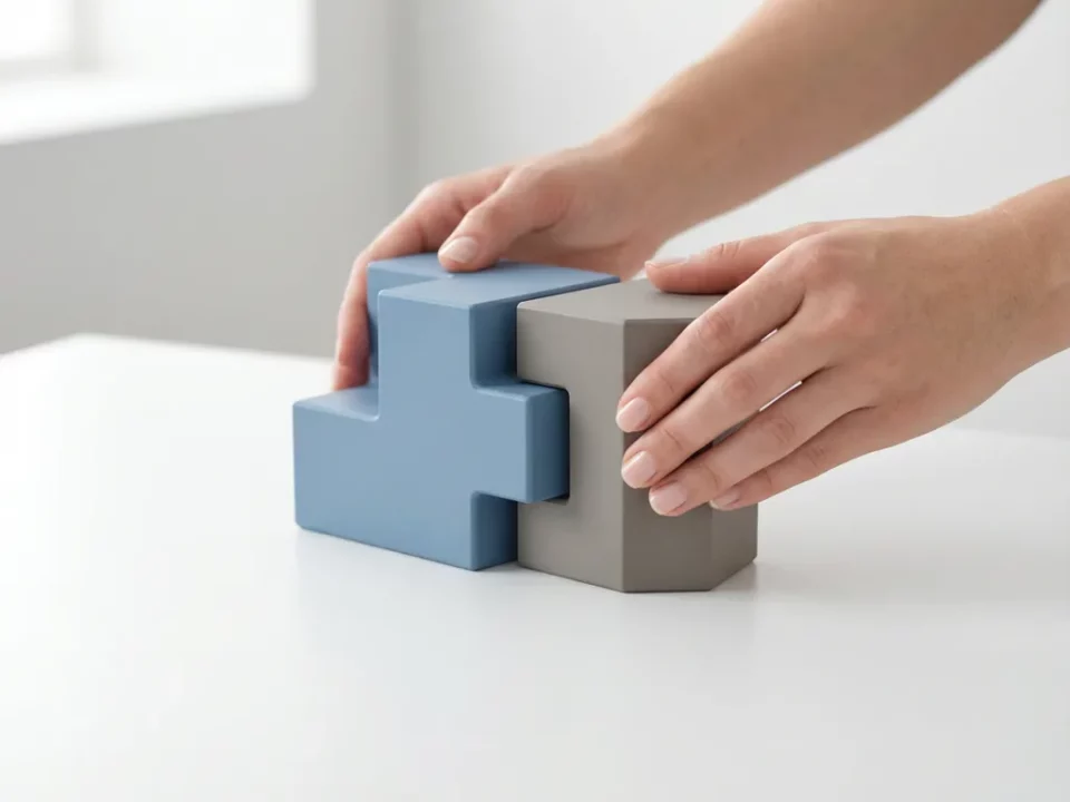 Handen die twee pastelkleurige modulaire bouwblokken in blauw en grijs precisie in elkaar klikken op wit bureau.