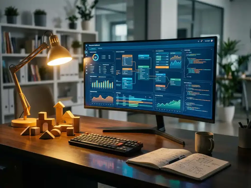 Moderne werkplek met gebogen monitor waarop een modulair enterprise applicatie-dashboard zichtbaar is, houten bouwblokken en notitieboek erbij.