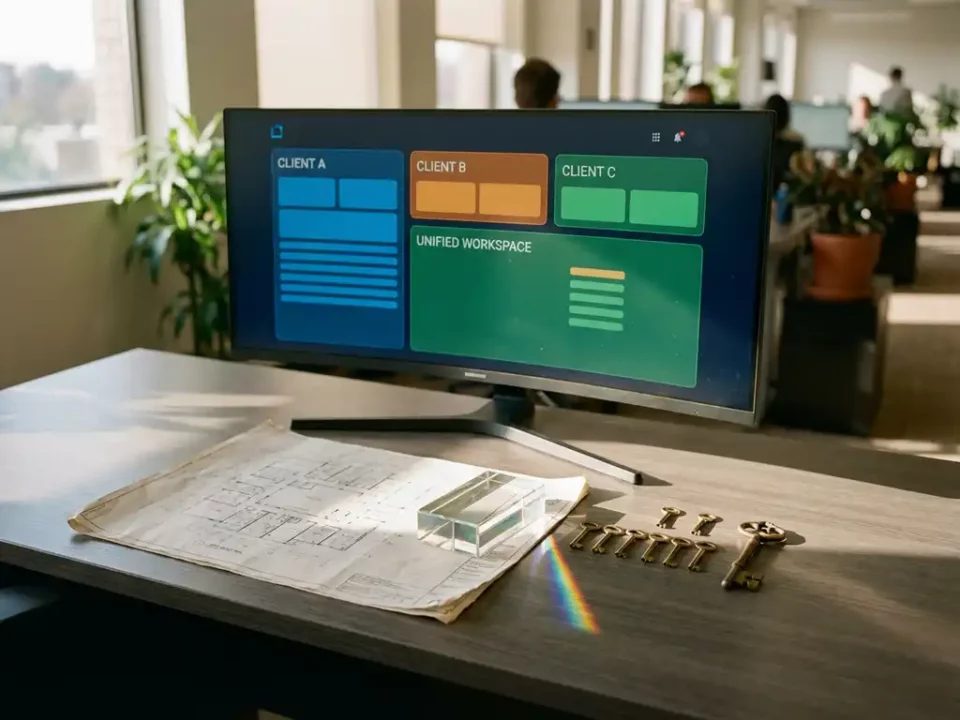 Modern bureau met monitor waarop een dashboard zichtbaar is, omringd door blauwdruk, glazen presse-papier en messing sleutels.