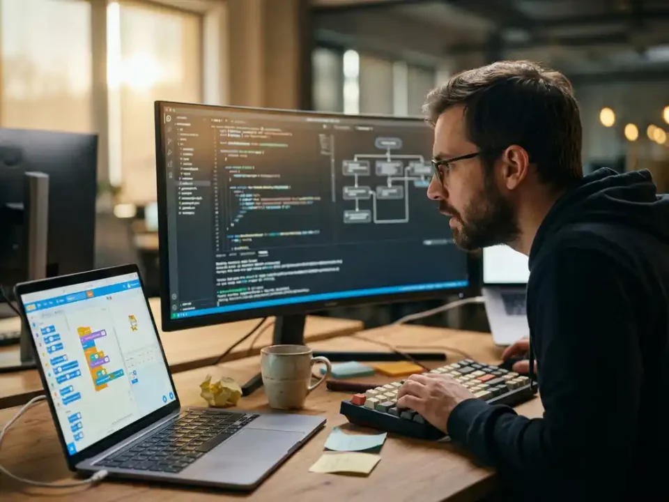 Softwareontwikkelaar werkt aan code op groot scherm naast laptop met drag-and-drop interface op modern houten bureau.