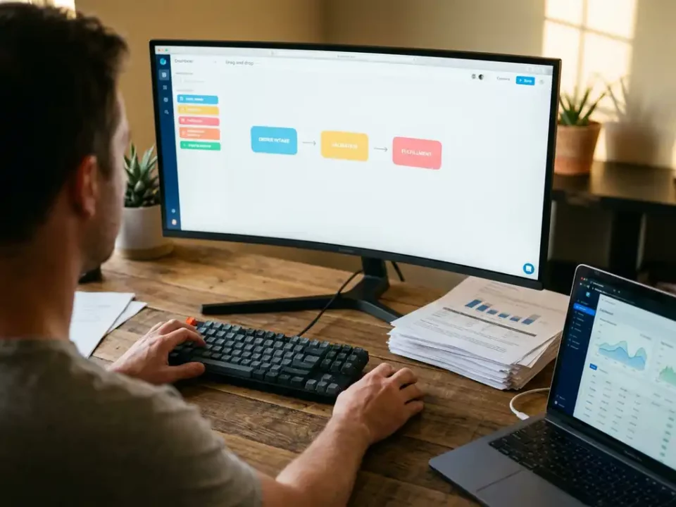 Softwareontwikkelaar werkt aan drag-and-drop applicatie op ultrawide monitor met kleurrijke modulaire bouwblokken in workflow.