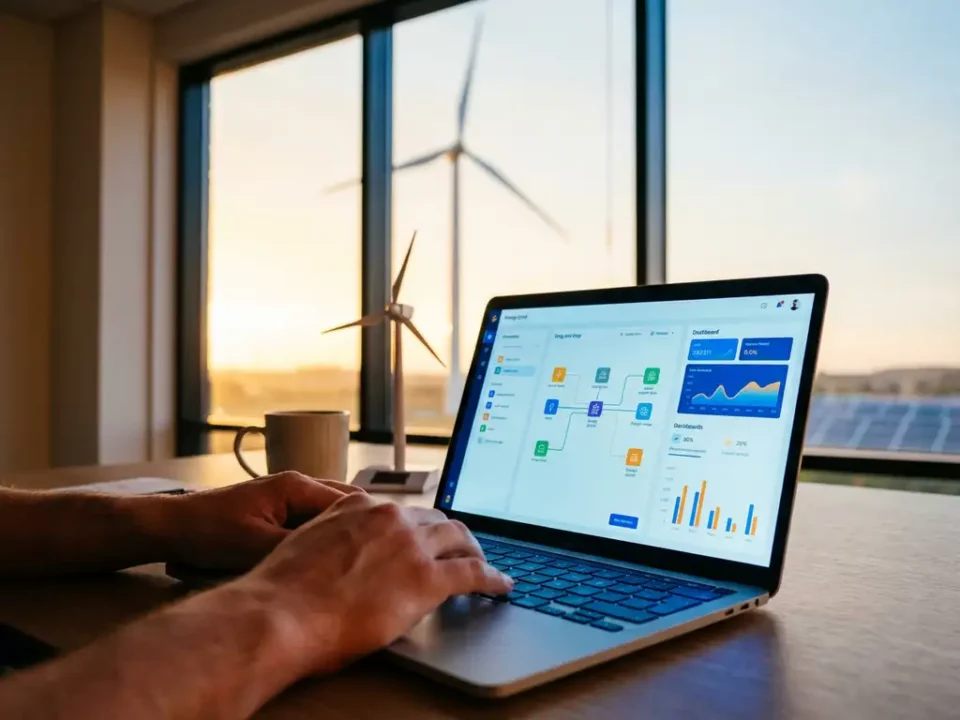 Ontwikkelaar werkt aan energiebeheer-software op laptop, met windturbine en zonnepanelen zichtbaar op de achtergrond.