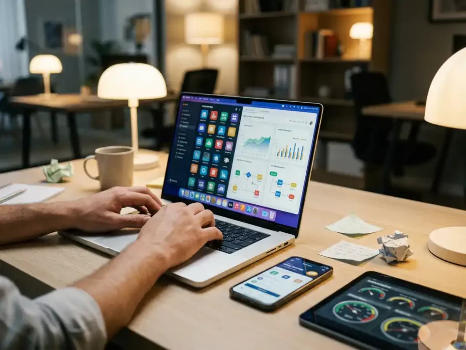 Ontwikkelaar typt op laptop met kleurrijk dashboard, omringd door smartphone, tablet en koffie op een opgeruimd bureau.
