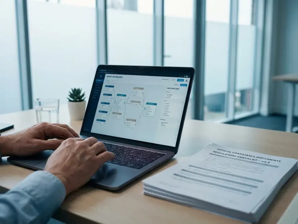 Ontwikkelaar werkt aan drag-and-drop workflow interface op laptop, naast compliance documenten op professioneel bureau.