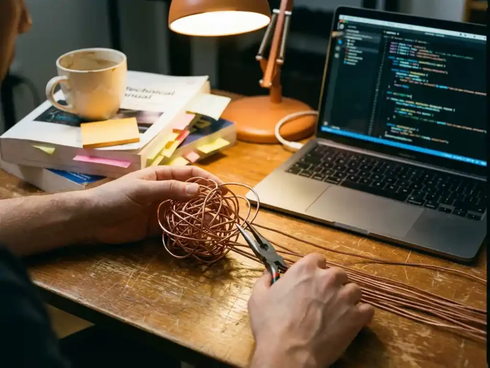 Softwareontwikkelaar ontward zorgvuldig een kluwen koperdraad aan een houten bureau, symbool voor het oplossen van complexe codeproblemen.