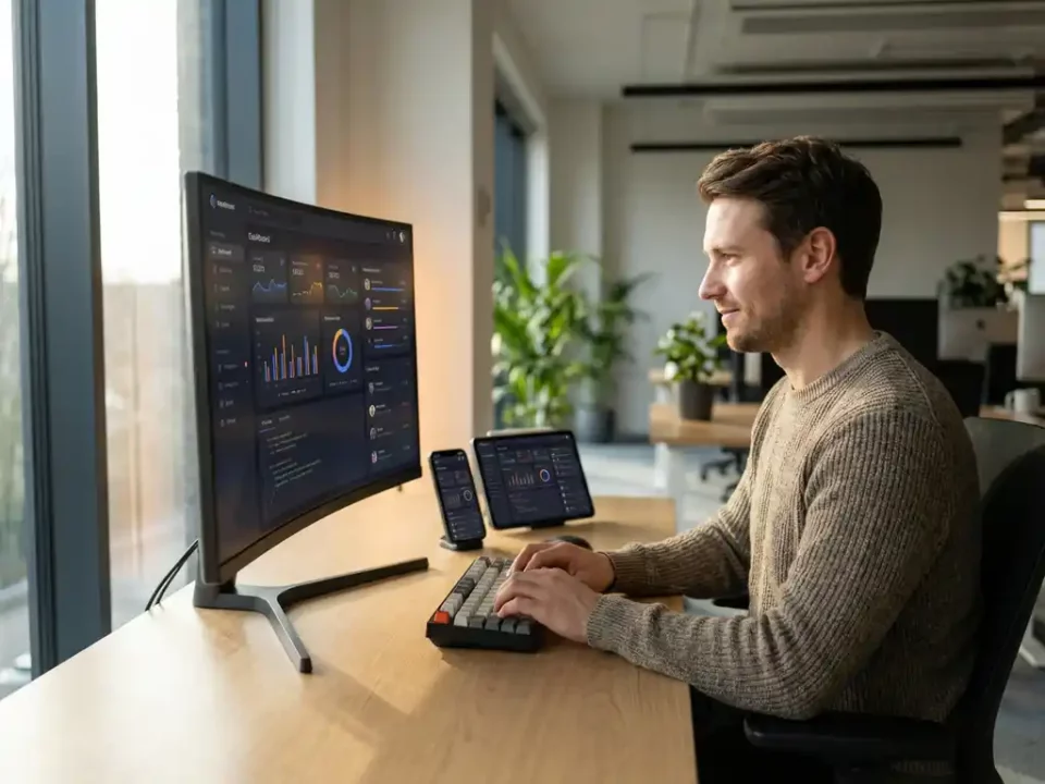 Ontwikkelaar achter modern werkstation met curved monitor waarop een app-dashboard zichtbaar is, omgeven door smartphone en tablet.