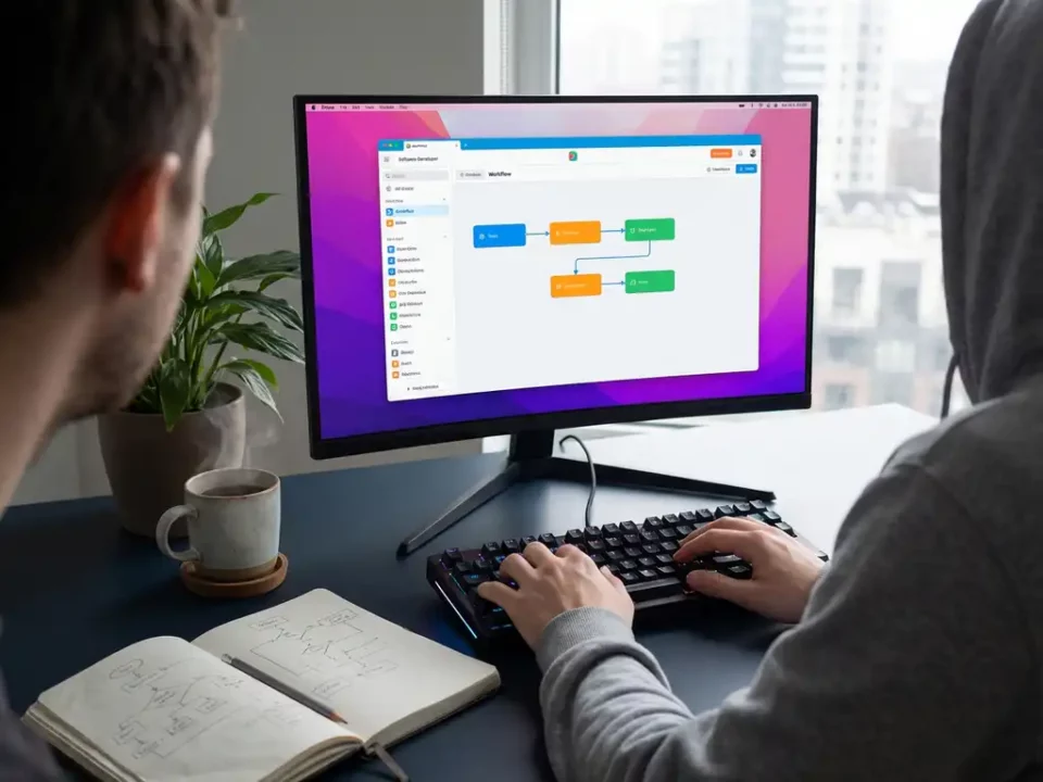 Softwareontwikkelaar werkt aan drag-and-drop interface op monitor, met notitieboek en koffie op modern bureau in daglicht.