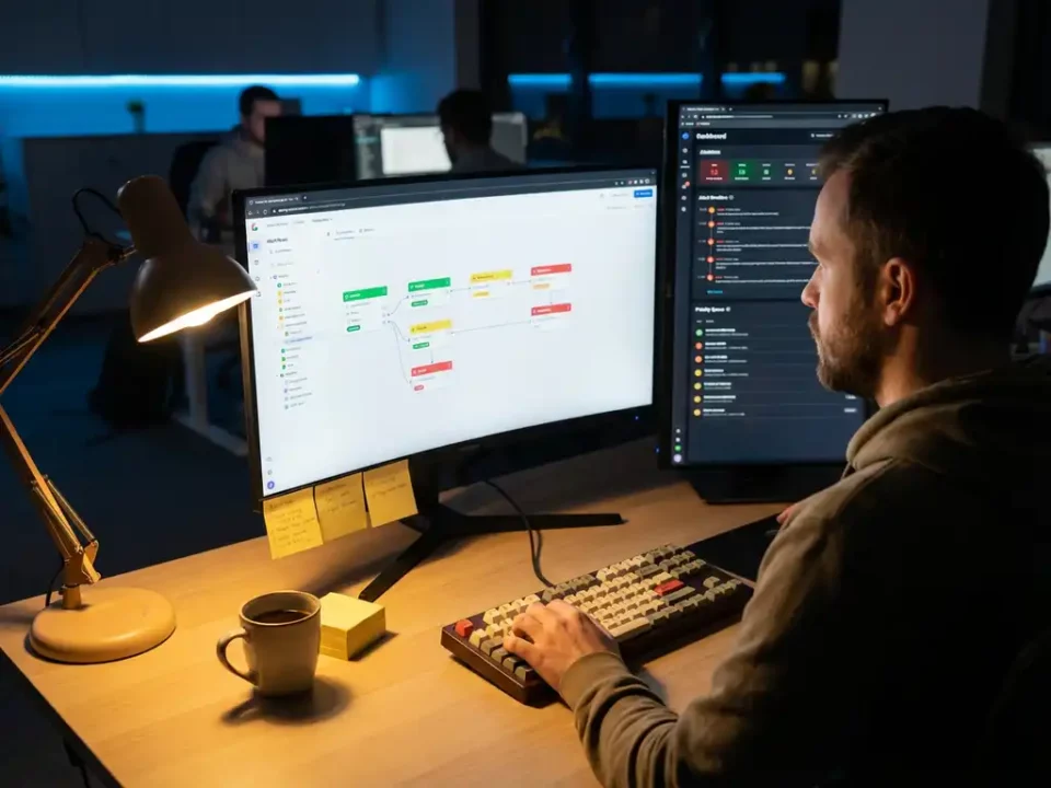 Softwareontwikkelaar werkt aan drag-and-drop interface op curved monitor, met dashboard op tweede scherm, in modern kantoor.