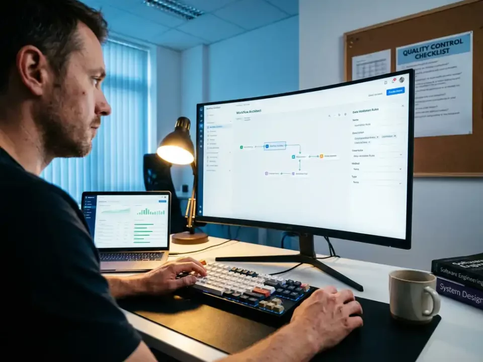 Softwareontwikkelaar werkt aan drag-and-drop interface op monitor, met dashboard op laptop en kwaliteitschecklist op prikbord.
