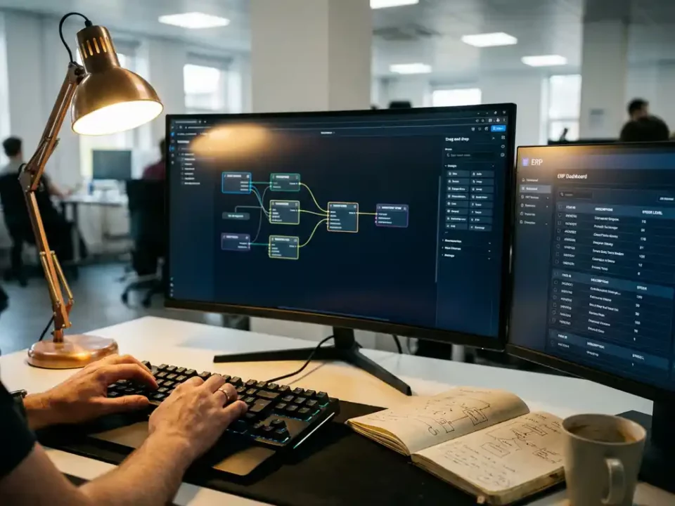 Softwareontwikkelaar werkt aan visueel workflow canvas op monitor, met systeemdiagrammen in notitieboek op modern bureau.