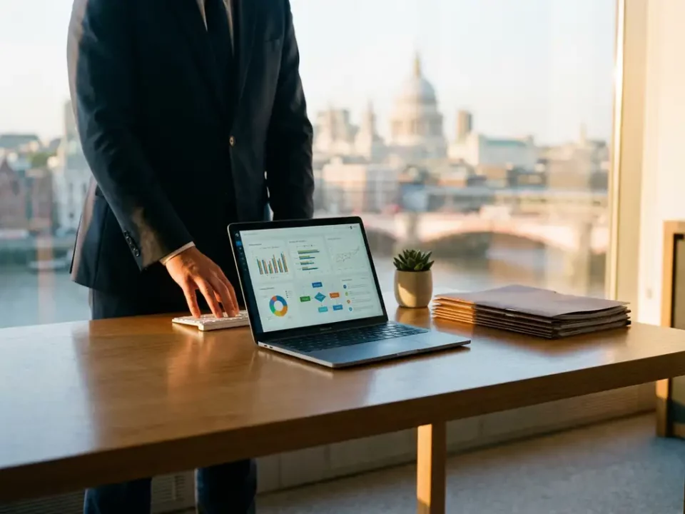 Zelfverzekerde overheidsfunctionaris in pak bij modern bureau met laptop waarop een digitaal dashboard zichtbaar is, stadsgezicht op achtergrond.