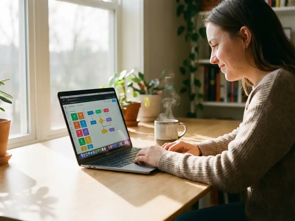 Jonge professional werkt zelfverzekerd aan laptop met drag-and-drop interface, warme natuurlijke verlichting, moderne werkplek.