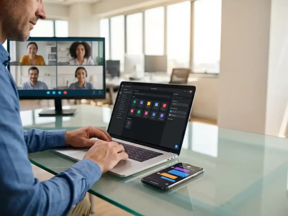 Professional aan glazen bureau met laptop met low-code app, smartphone met chatmelding en videovergadering op achtergrondscherm.