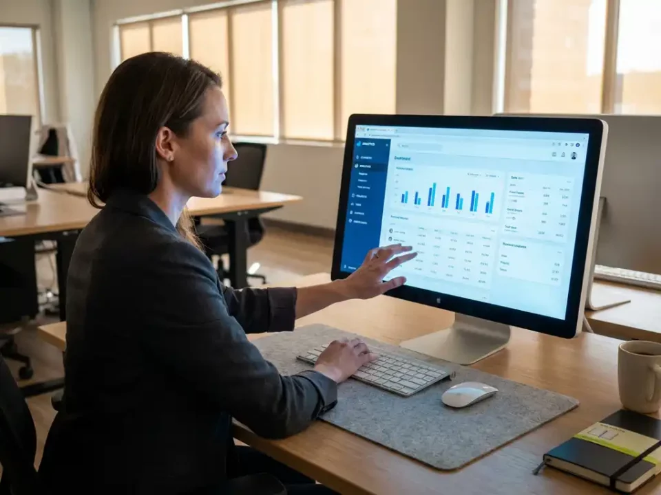 Professional werkt aan touchscreen met webportaal-dashboard in modern kantoor met natuurlijk daglicht.