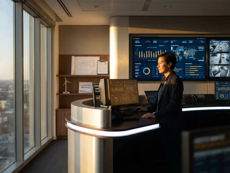 Zelfverzekerde professional aan controlepaneel met live dashboards, omgeven door industrie-objecten in modern controlekamer.